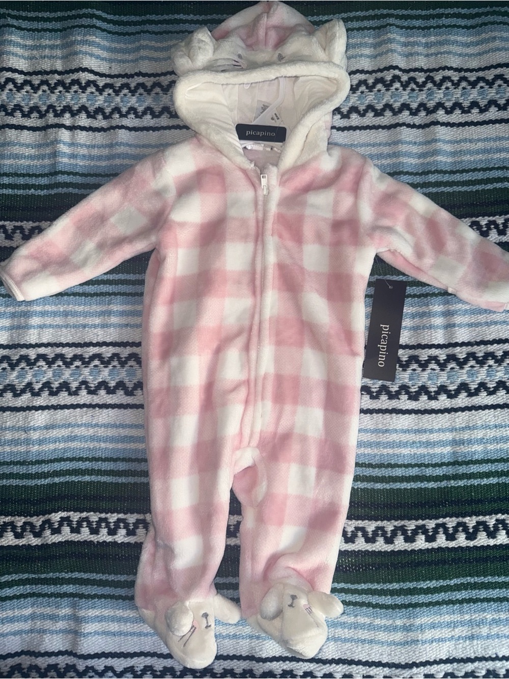 Pink & White Plaid Fleece Hooded Baby Footie